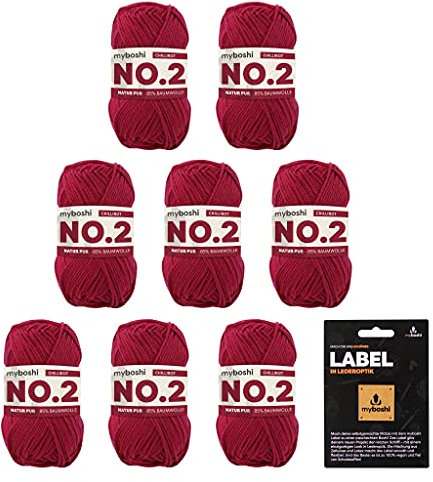 myboshi No.2 inkl. Label, Baumwolle zum Häkeln, Baby Wolle, vegane Wolle zum Stricken, Wolle 60 Grad waschbar, für Baby und Amigurumi, 50g, Ll 100m Rot (Chillirot), 8 Knäuel