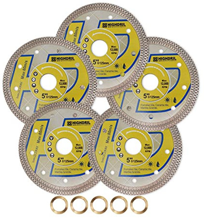 HIGHDRIL Diamant Trennscheibe - 5 Stück 125MM Diamant-Fliesenblatt Scheibe Schneiden Porzellan Fliesen Keramik Granit Marmor trocken oder nass verwenden Kreissägeblatt mit Turbo X Mesh