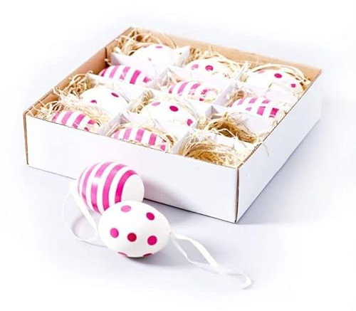 Florissima 12x Ostereiei (Hühnerei) pink Ringe/Punkte echt H= 7cm mit Band zum Aufhängen, Ostern