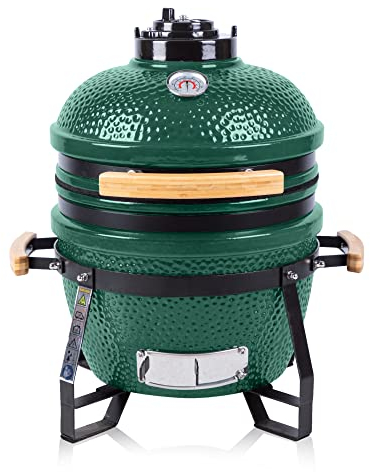 Fire Mountain 15 Mini Ceramic BBQ Kamado Grill - Egg BBQ, Fitted Cover, Portable Charcoal Barbecue Grill with Stand, Charcoal Barbecue, Oven and Smoker, Green