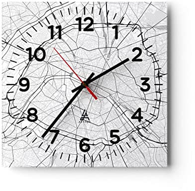 Modern Wanduhr Stadt Karte Paris 40x40cm Quadrat Groß Wand Uhr Glas Analog Zimmeruhren Küche Büro Wohnzimmer Glasuhr Wall Clock Dekoration Design Wanddekoration Küchenuhr C4AC40x40-4868