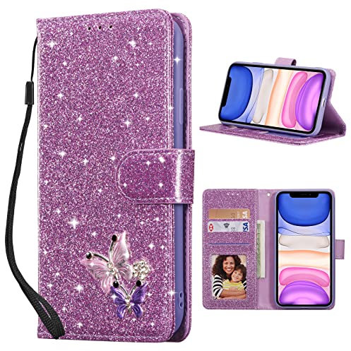 UEEBAI Klapphülle für iPhone 11 6.1 inch, PU Lederhülle Glitzer 3D Schmetterling Flip Cover Standfunktion mit Kartenfach Schutzhülle Diamant Glänzende Geldbörse Handschlaufe Etui - Lila