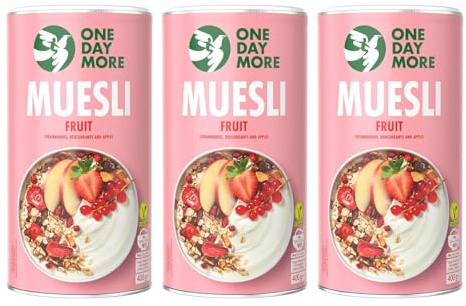 OneDayMore Muesli aux Fruits | 3 x 400 g | Flocons d’avoine 100 % naturels | Sans sucre ajouté | Petit-déjeuner sain avec flocons d’avoine, pommes, fraises et dattes