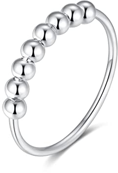 925 Sterling Silber Angst Spinning Ring mit Perlen I Anti-Stress Dekompression Angstring zum Drehen Stressabbau für Damen, Frauen und Mädchen (Silber, 62)