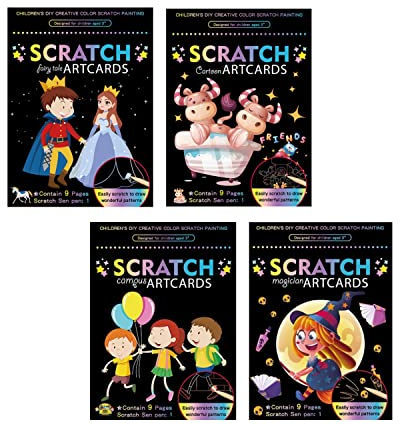 Kratzbilder Set für Kinder: 9 Kratzmotive mit tollen Farbeffekten, Verschiedene Themen wie Tierwelt, Einhörner, Piraten, Dinosaurier, Meerjungfrauen (Neue Themen-Märchen+Zauberern+Cartoon+Campus)