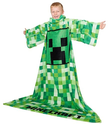 Minecraft Wearable Blanket for Kids and Teenagers - One Size Kids Blanket with Sleeves Cosy Lounge Wear Gifts for Boys (Green)