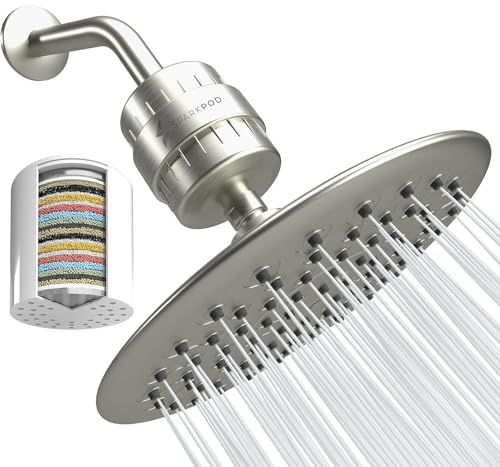 SparkPod Luxury Filtered Shower Head Set, 23 Stage Shower Filter, Reduces Chlorine and Heavy Metals, High Pressure Shower Head Filter (9.5 Inch Round, Elegant Brushed Nickel)