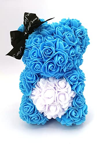 Yarhom Orso di rose artificiali, romantico, in schiuma, per San Valentino, compleanno, regalo per donne, mamma, fidanzata, papà (azzurro cielo con cuore bianco)