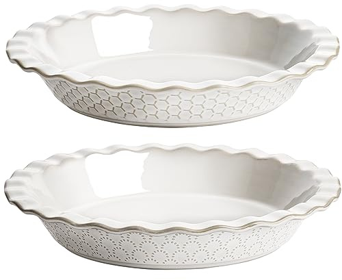 LE TAUCI Porzellan Pie-Backformen 2er Set, 22.9 cm, Feuerwerk & Bienenwabe | Ofenfest, fuer Apfelkuchen, Quiche, Auflauf, Gratin, Spuelmaschinenfest Mikrowellengeeignet, Arktis Weiss