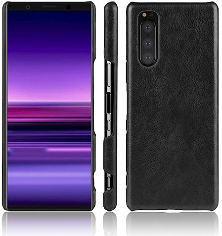 LMFULM® Hülle für Sony Xperia 5 J8210 J8270 J9210 (6,1 Zoll) Dünn Schlanke PU Schutzhülle Harte PC Rückseite Case Bumper Cover Litschi Muster Schwarz