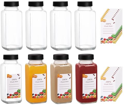 Glxgow 8 Pack 8 oz Glass Juice Bottles with Lids & Labels, Reusable Travel Juice Storage Containers, Clear Glass Drink Jars for Juicing, Water, Ginger, Wellness Shots - Leakproof, Dishwasher Safe