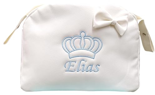 Bolso Carro Bebe Polipiel Personalizado Corona Bordado Bolsa Maternidad Bolso Hospital Bebé con asa larga para colgar (BLANCO)
