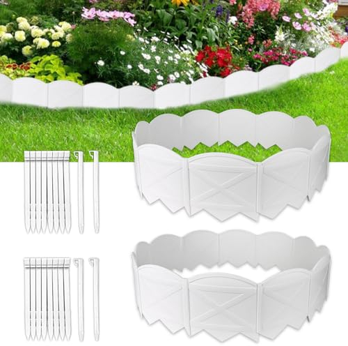 Vashly Lot de 40 Bordures de Jardin Blanches de 12,2 m, Bordure de Paysage en Plastique, Bordure de pelouse de 15 cm de Haut avec 20 piquets d'ancrage pour Jardin, terrasse, allée