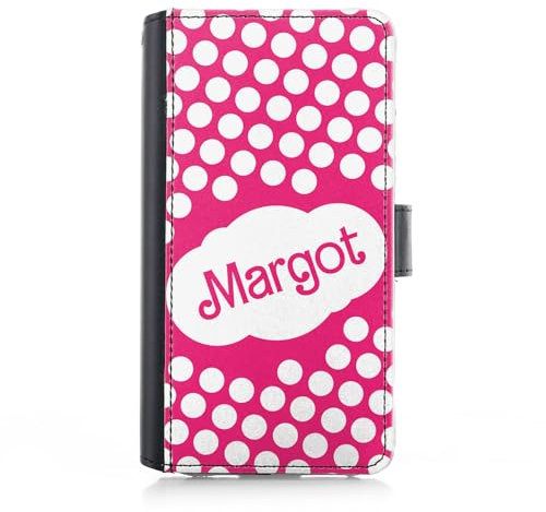 Personalised Phone Case For Apple iPhones, 15, 14,13, 12, 11, Pro Max, Mini, XR, XS, SE, Custom PU Leather Flip Phone Cover, White and Pink Polka Dot Phone Case with Name, Initial Phone Case