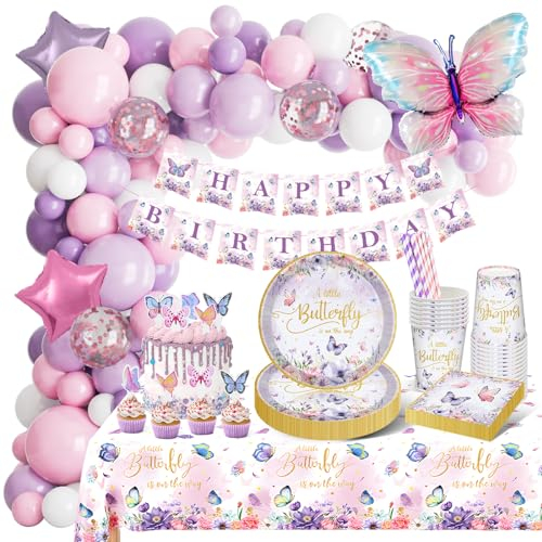 YIMAKJ Papillon Vaisselle Jetable Anniversaire Fille - Décoration Avec Nappe, Ballon, Gobelets, Pailles, Serviettes - Pour 16 Personnes