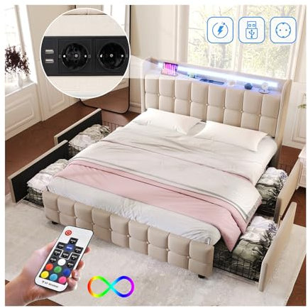 Lit 160x200 Avec Sommier LED Et USB, Coffre, Tête De Lit, 4 Tiroirs, Double À Lattes, Espace De Rangement, Capitonné, Cadre (Sans Matelas)