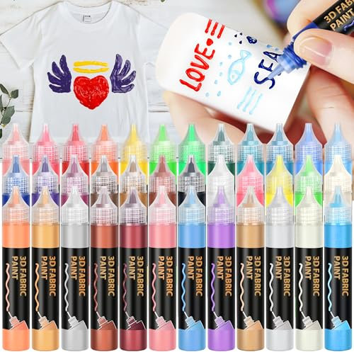 DazSpirit Peinture pour tissu 3D Lot de 36, 30ML chacune, 5 effets différents peinture acrylique avec 3 pinceaux pour peindre sur tissu, bougies, bois, céramique et verre