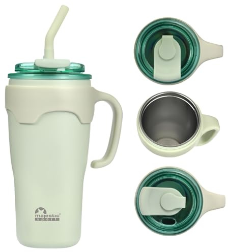 Majestic Sport Jelly Thermobecher mit Strohhalm und Henkel 650ml Edelstahl Heiße Kalte Getränke Vakuum Trinkbecher,Kaffeebecher für Zuhause Reisen, Grün