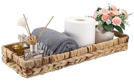 IGNPION Water Hyacinth Serving Tray, 43cm Decorative Table Tray,Woven Bathroom Display tray, Toilet Tank Paper Tray Desktop Organiser Tray for Kitchen, Makeup, Vanity, Napkin, Candle, Ornament