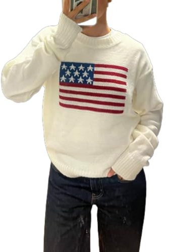 Owegvia Damen-Pullover mit amerikanischer Flagge, lockerer Strick, langärmelig, Rundhalsausschnitt, USA-Strickwaren, lässiger Pullover, weiß, M