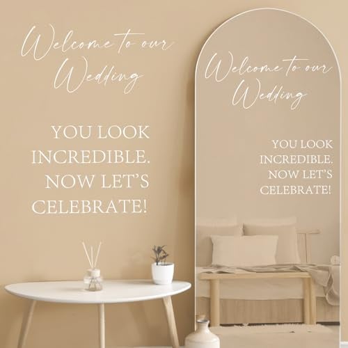 Watersay 2 Pcs Wedding Mirror Decals Vinyl Welcome, Classic Style, White | Removable Lettering for Glass Windows Mirrors, Bride Love Celebration Signs, Easy Apply Peel Off Leaves No Residue