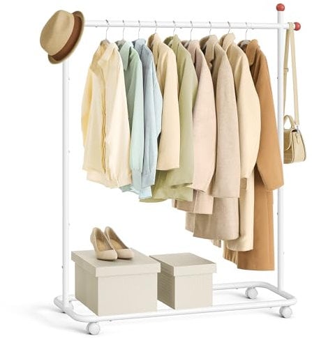 SONGMICS HOME Stand Appendiabiti, Attaccapanni in Metallo con Ruote, 1 Barra Appendiabiti, Ganci a Forma di Fiammifero, Bianco Opaco HSR170W01