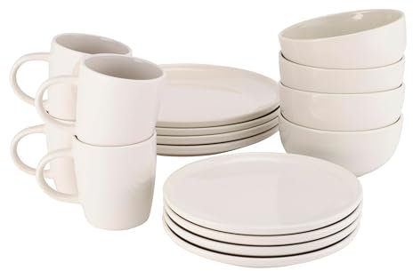 ProCook Stockholm Ivory Dinner Set with Mugs Stoneware Scandinavian Style Flat Base Dishwasher, Microwave & Oven Safe Dinnerware 16 Piece, 9.5/15.5/21/27 cm