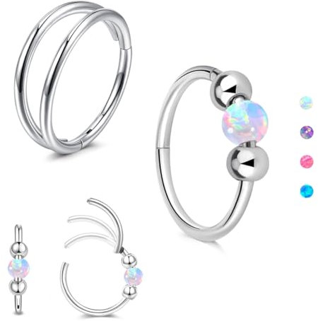 AVYRING 18G Weißer Opal Nasenring für Damen, 316L Chirurgenstahl Silber Clicker Nasenringe mit Scharnier, vielseitiger Septum-Piercingschmuck für Conch, Rook, Knorpel, Tragus und Helix Ohrringe, 10mm