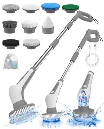 Limpiador giratorio eléctrico, IPX8, cepillo de limpieza eléctrico inalámbrico impermeable con 9 cepillos reemplazables, depurador de potencia 360 para limpiar baño, ducha, tina, cocina