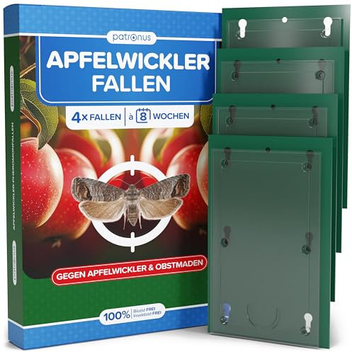 Apfelwickler Pheromonfallen [4 Stück] für wurmfreie Äpfel - Pheromonfalle Apfelbaum mit starkem Lockstoff, Monitoring-Obstmadenfalle wetterfest & unauffällig für Apfelbäume & Obstgärten