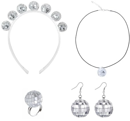 fufupaw Mini Discokugel, Discokugel Klein, DiscoKugel Haarreifen, Discokugel Ohrringe, Ohrringe Discokugel, 2cm Discokugel Haarreif Mit Ohrringen, Halskette und Ring, Perfekt für Disco-Partys