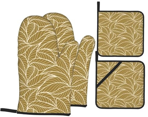 Oven Mitts and Pot Holders Set of 4 Feuilles De Bananier, Dessin Au Trait, Aquarelle BBQ Gloves Coton Doublure Kitchen Potholders, pour Griller, Four, Patisserie