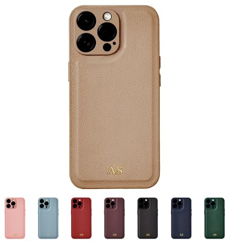 Tirita Personalisierte Handyhülle für iPhone 15 Pro Max Hülle - Handyhülle Selbst Gestalten aus Veganem Leder & Initialen Personalisieren - Geschecke für Frauen & Männer - Beige, Gold