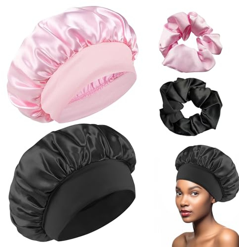 Cuffia per Capelli in Raso e Seta - Bonnet per Dormire con Elastici per Capelli Ricci, Rosa + Nero
