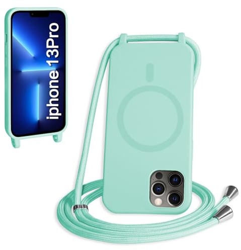 FMPCUON Magnética Funda con Cuerda para iPhone 13 Pro Compatible con Magsafe,TPU Antigolpes Protectora Silicona Case Carcasa con Ajustable Cordon Colgante Cadena,Verde Menta