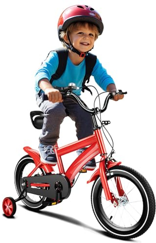 GIDRLL Kinderfahrrad 14 Zoll Höhenverstellbares Fahrrad Kinder für Jungen und Mädchen ab 2-4 Jahre mit Stützräder und Duales Bremssystem (Rot)