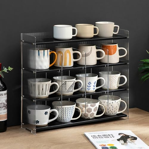 Laneryin Mug Holder, Coffee Mug Display Cabinet, Acrylic Multi-Layer Storage Rack, Countertop Shelf Organizer for Kitchen, Bedroom, Coffee Bar (50x13x43cm)