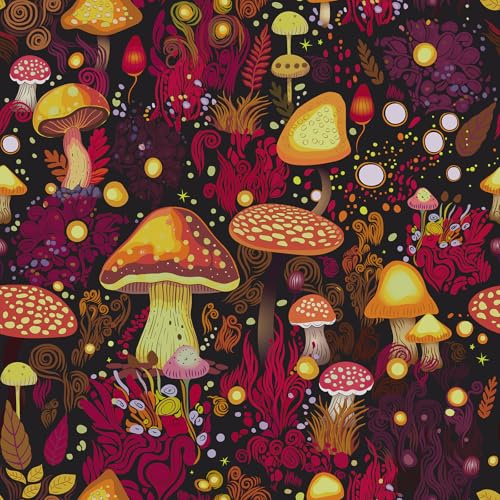 CRE8TIVE Mystische Pilz Tapete Selbstklebend Schwarz Klebefolie Möbel 30.5 x 300cm Blumentapete Fantasy Leuchtenden Farben auf Dunkel Tapete für Wohnzimmer Kinderzimmer Schlafzimmer Küche Badezimmer