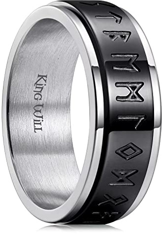King Will Herren-Ehering 8mm aus Edelstahl, Dreh- oder Basismodell, schwarz/grau/silber/gold plattiert, mit griechischem Schlüssel-, Runen- oder Lebensbaum-Muster, Komfort-Fit