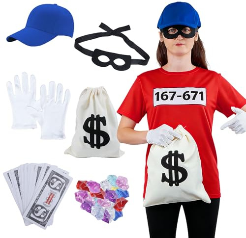 Moiuguli Kostüm Panzerknacker, Panzerknacker Kostüm Herren Damen, Panzer Knacker Kostüm Erwachsene Augenmaske Handschuhe Kordelzugbeutel, Kostüm Karneval Herren Halloween Räuber Dieb