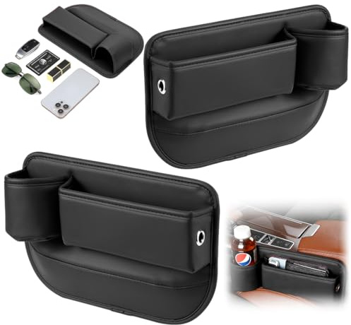 Umllpet Autositz Organizer 2-Pack, Aus PU-Lede, Lückenfüller Aufbewahrungsbox für Auto Beifahrer- und Fahrerseite mit Becherhalter, Kabelloch, für Handy, Schlüssel, Brille, Schwarz