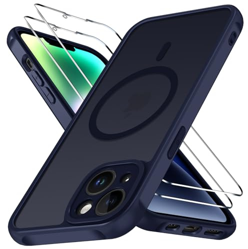 ivoler Coque Magnétique pour iPhone 14, Compatible avec Magsafe, 2 Pièces Verre Trempé - Étui Antichoc avec Protection Militaire, Housse Anti-Rayures - Bleu Foncé