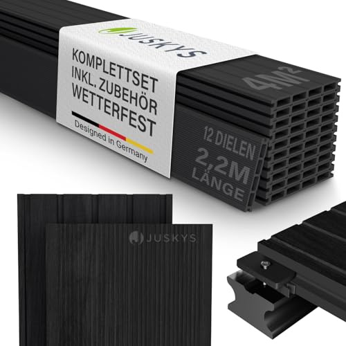 Juskys WPC Terrassendielen 4 m² – 220 cm Dielen, wetterfest & pflegeleicht, inkl. Unterkonstruktion, Clips & Schrauben, rutschfest für Terrasse & Balkon – Anthrazit