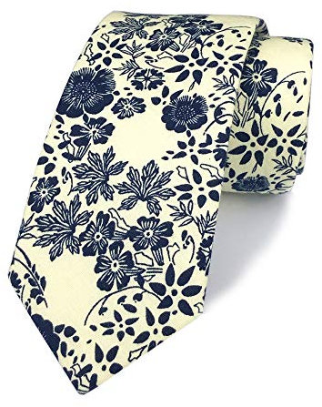 Herren Baumwoll-Krawatte mit Blumenmuster, schmal, Hochzeit, für Trauzeugen, 6 cm, Beige Navy Floral, Einheitsgröße
