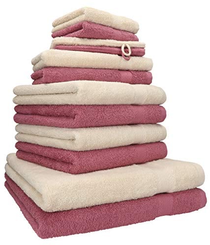 Betz 12-TLG. Handtuch Set Premium 100% Baumwolle 2 Duschtücher 4 Handtücher 2 Gästetücher 2 Seiftücher 2 Waschhandschuhe Farbe Sand/Beere