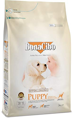 BONACIBO Hundefutter für Welpen | Super Premium Welpenfutter Aller rassen bis zu 1 Jahr | Huhn Reis und Sardellen | 3 KG
