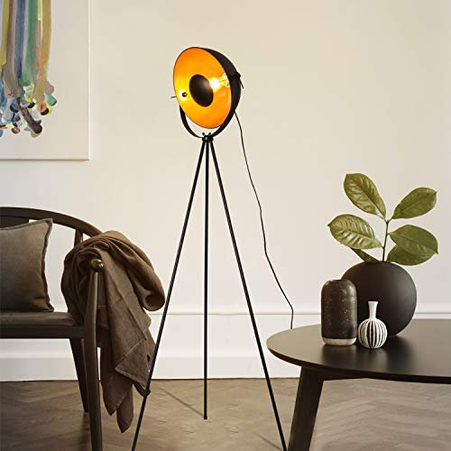 Modern Industrial Tripod Floor Lamp - Mid Century Design Lamp for Living Room Bedrooms, Satellite Style Shade, Deco Adjustable Standing Light for Studio, Office, Black Matte Golden(no Edsion Bulb)