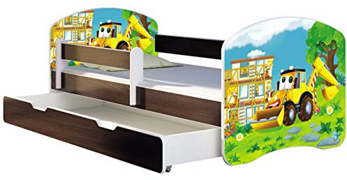 ACMA Kinderbett Jugendbett mit Einer Schublade und Matratze Wenge mit Rausfallschutz Lattenrost II 140x70 160x80 180x80 (20 Bagger, 160x80 + Bettkasten)