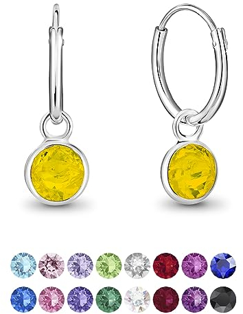 DTPsilver® KLEINE Creolen Ohrringe 925 Sterling Silber mit Swarovski® Elements Kristall Rund - Mädchen - Dicke 1.2 mm - Durchmesser 12 mm - Farbe : Gelber Opal
