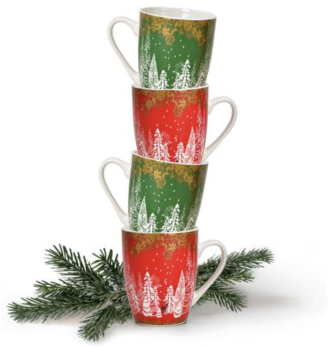 Tassen 4er Set Xmas Wald in rot und grün - Moderne Porzellan Kaffeebecher als Weihnachtstassen in 10 cm - Große Kaffeetassen für Weihnachten spülmaschinenfest und mikrowellengeeignet